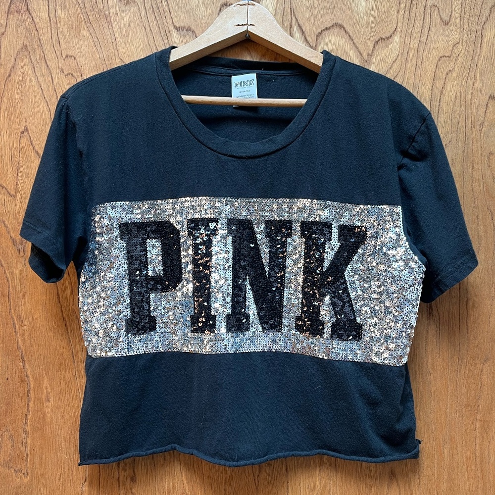 PINK Victoria's Secret PINK Bling Sequin Stripe T-Shirt Black Silver Medium